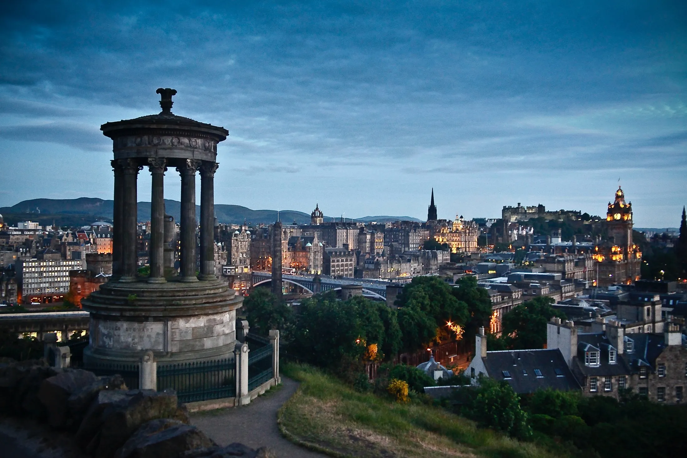 Calton Hill monument above Edinburgh at dusk