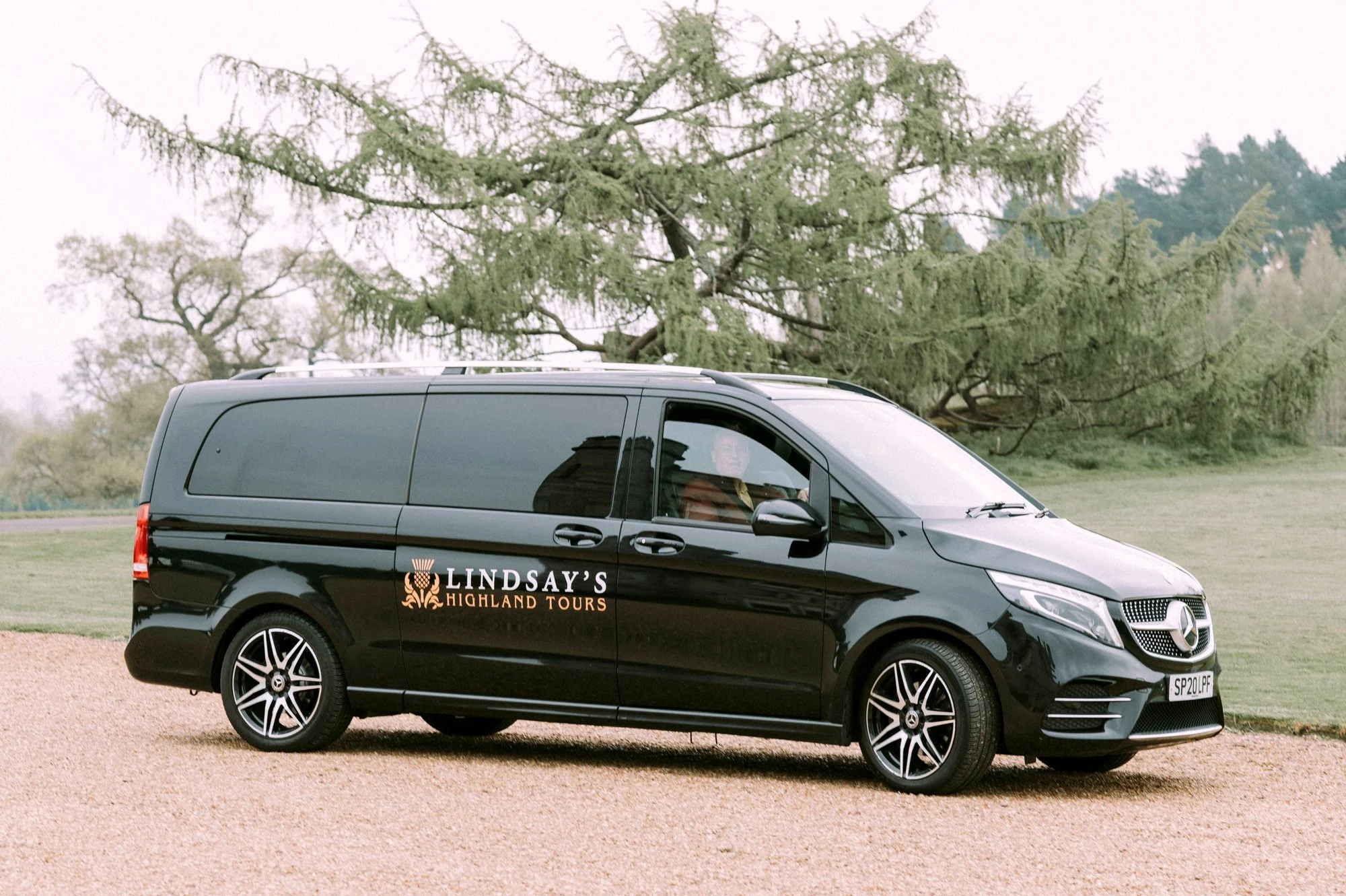 A Lindsay's Highland Tours Mercedes V-Class on a gravel drive beneath a cedar tree